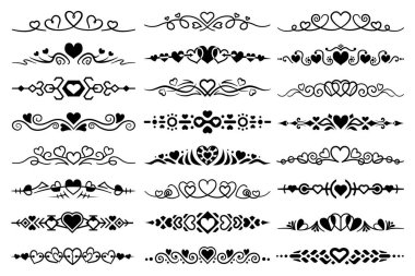 Kalpli soyut metin ayırıcıları. Çizgi sanatı ve düz dekoratif, dekoratif sınırlar ayarlandı. Siyah lüks koleksiyonu, zarif paragraf ayırıcıları.