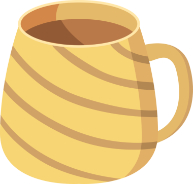 Dekoratif renkli kupa tasarımı çizimi. Bardakta sıcak içki. Şeffaf arkaplanı olan PNG.