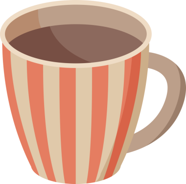 Dekoratif renkli kupa tasarımı çizimi. Bardakta sıcak içki. Şeffaf arkaplanı olan PNG.