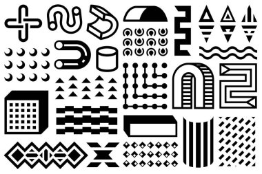 Geometrik set, soyut biçimler, şekiller, şekiller, çizgi çizimleri, soyut dekoratif tasarım elemanları.