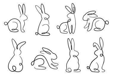 Tek sıra tavşanlar. Devamlı olarak çizilmiş tavşanların koleksiyonu. Sevimli sevimli çizgiler, çizimler ve siyah ince çizgiler..