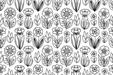 Çizgili çizgiler, kusursuz çiçek desenleri çizilmiş. Beyaz zemin üzerinde siyah ince çizgi ile tekrarlanan çiçek çizimleri desen.