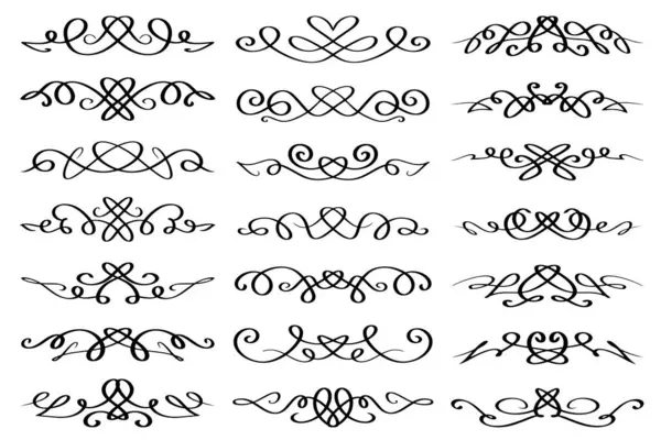 Çizgi sanatı soyut kaligrafik tasarım elementleri. Kıvrımlı, girdaplı ve kalpli dekoratif sınırlar. Metin ayırıcıların koleksiyonu, soyut paragraf ayırıcılar, lüks sınırlar.