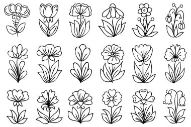 Soyut çizgiler çizilmiş güzel çiçekler. Saplı çiçekler ve siyah ince çizgili yapraklar. Sevimli, karalama tarzı, karikatür çiçekli çizimler koleksiyonu..