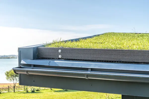 stock image Guest house with metal standing seam facade and lawn on flat roof on lake bank. Sustainable house design at countryside. Building rooftop with grass