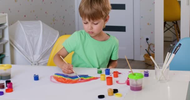 Preschooler Boy Serious Concerned Expression Puts Effort Making Picture Blond — Wideo stockowe