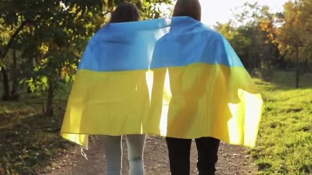 十代の若者たちは背中にウクライナの旗で歩き 明るい日差しに対して手を握ってください いくつかの女の子は強い友情と団結を示す — ストック動画