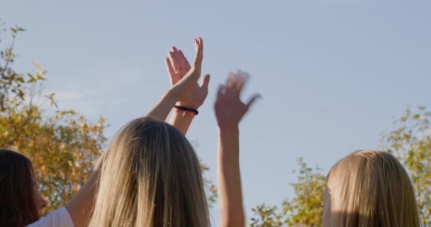 10代の女の子は公園で強いつながりと団結を示す空に手を上げます 10代のグループは友情の裏側のビューを結ぶ象徴 — ストック動画