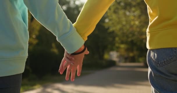 女の子の友達は明るい日差しに照らされた公園を歩いて手を保持します 青と黄色のセーターのティーンは強い友情を示しています — ストック動画