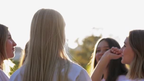 Grupo Adolescentes Juntos Levanta Las Manos Cielo Luz Del Sol — Vídeos de Stock