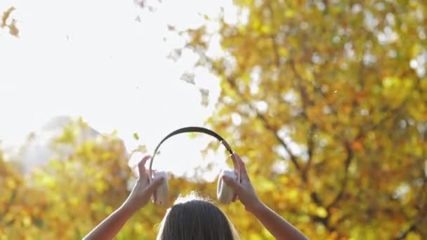 Teenager Girl Puts Headphones Listens Favourite Music Blonde Teenager Enjoys — Stock videók