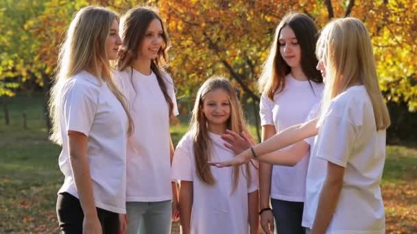 Дівчата Підлітки Складають Долоні Щоб Єднати Єдність Парку Освітленому Сонячним — стокове відео