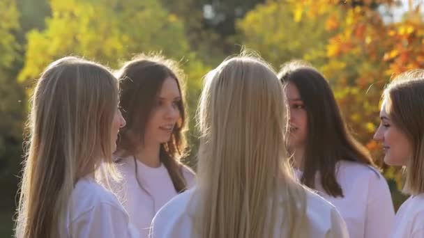 興奮と喜びの表情を持つ10代の女の子は一緒に空に手を上げます 十代の代表者は 統合友情と団結を示す — ストック動画