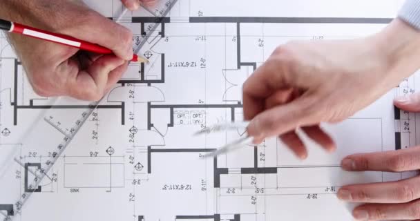 Engineers Experienced Hands Draw Building Project Using Ruler Dividers Write — Stock Video