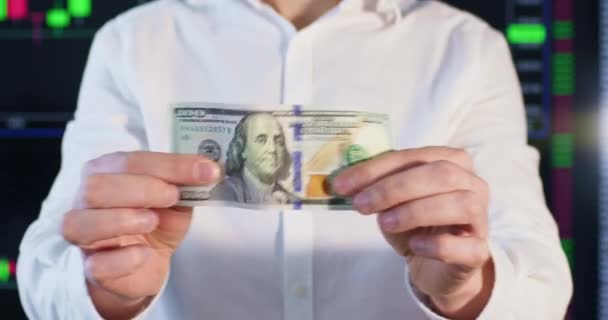 Businessman White Shirt Shows Dollar Bill Holding Hands Male Person — Stock Video