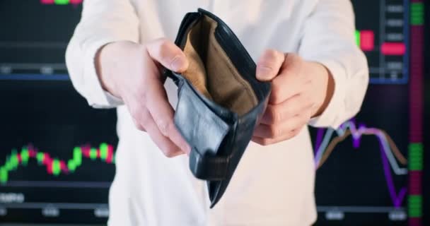 Serious Businessman Shows Empty Leather Wallet Male Office Employee Holds — Stock Video
