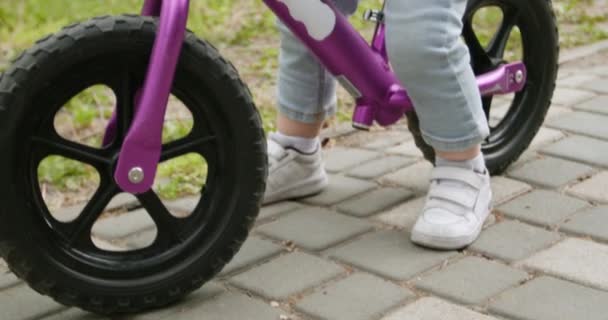Παιδί Έτοιμο Οδηγήσει Μοβ Ποδήλατο Ισορροπίας Στο Πάρκο Της Πόλης — Αρχείο Βίντεο