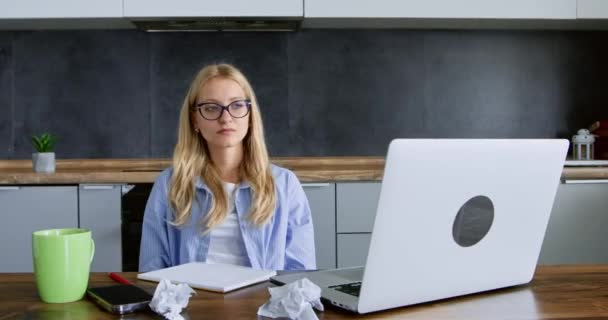 Woman Listens Online Lecture Looks Information Internet Using Laptop Home — Stock Video