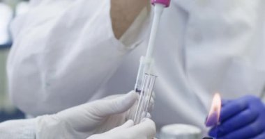 Teknisyen, tıp merkezindeki meslektaşının deney tüpünden aldığı pipetle sıvı alır. Laboratuvar çalışanları sıvı maddeleri inceler.