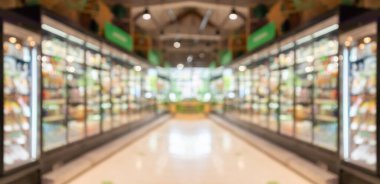 süpermarket koridoru ve raflar bulanık arkaplan