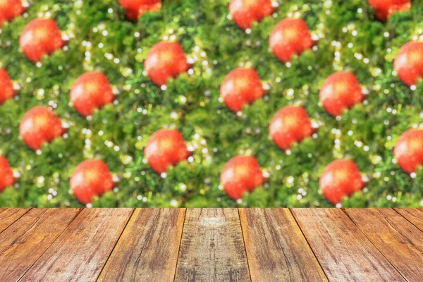 Empty Wood Table Top Blur Christmas Tree Bokeh Light Background — Stock Photo, Image