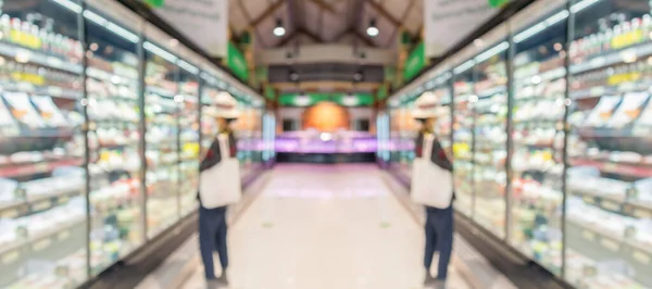 Supermercato Negozio Alimentari Corridoio Scaffali Sfondo Sfocato — Foto Stock