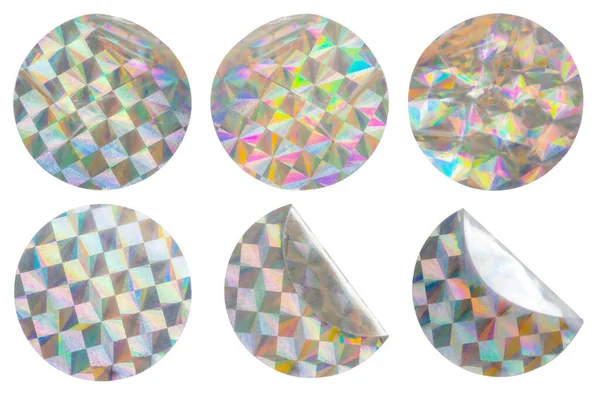 Runde Selbstklebende Holografische Folie Aufkleber Etikett Set Isoliert Auf Weißem — Stockfoto