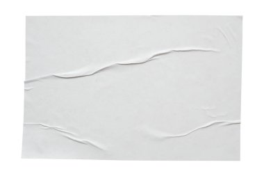 Boş beyaz buruşmuş ve buruşmuş kağıt etiket poster dokusu beyaz arkaplanda izole edilmiş
