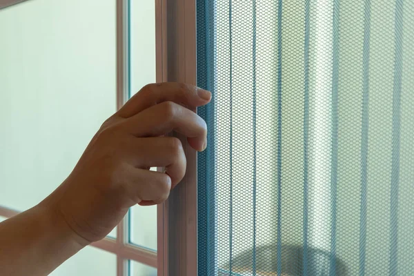 stock image Hand hold pleated mosquito net wire screen handle on house window