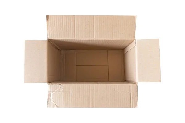 Beyaz Arkaplan Görünümünde Izole Edilmiş Boş Kahverengi Karton Kutuyu — Stok fotoğraf
