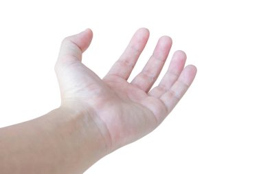 Adam beyaz arka planda izole bir şey tutarak açık el hareketi
