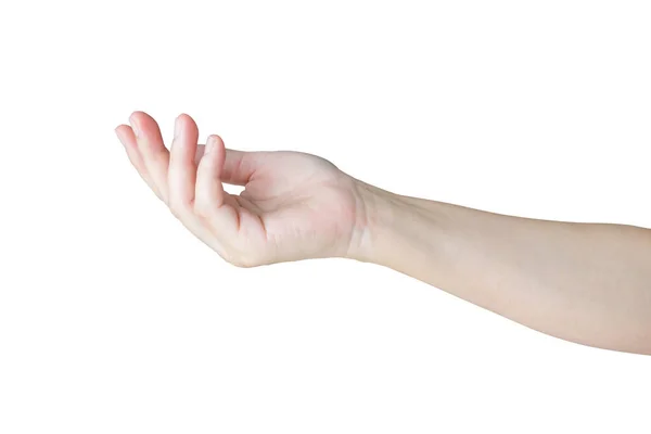 Vrouw Open Hand Gebaar Houden Iets Geïsoleerd Witte Achtergrond — Stockfoto