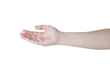 Beyaz arka planda izole edilmiş bir şeyi tutan açık el hareketi.
