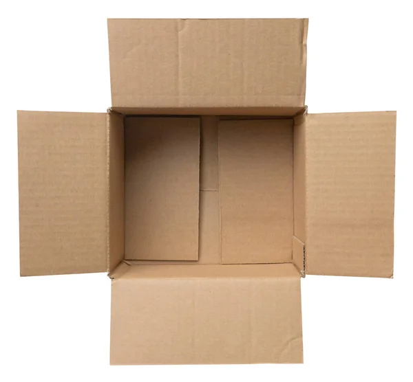 Beyaz Arkaplan Görünümünde Izole Edilmiş Boş Kahverengi Karton Kutuyu — Stok fotoğraf