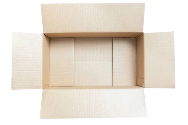 Caja Cartón Marrón Vacía Abierta Aislada Sobre Fondo Blanco Vista — Foto de Stock