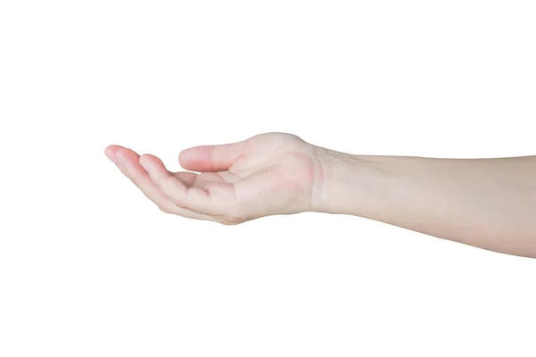 Vrouw Open Hand Gebaar Houden Iets Geïsoleerd Witte Achtergrond — Stockfoto