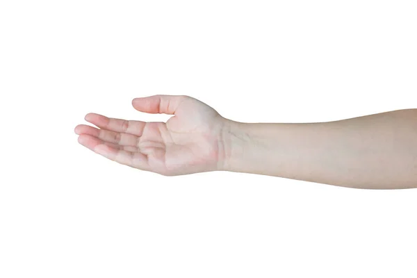 Kobieta Otwarta Ręka Gest Trzymając Coś Izolowane Białym Tle — Zdjęcie stockowe
