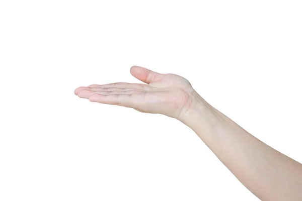 Γυναίκα Ανοιχτή Χειρονομία Κρατώντας Κάτι Απομονωμένο Λευκό Φόντο — Φωτογραφία Αρχείου