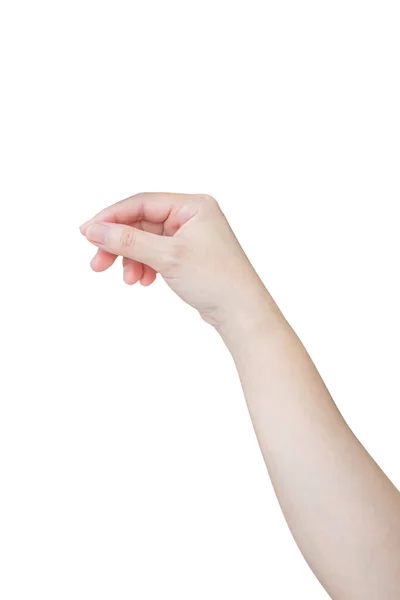 Gest Ręki Kobiety Trzymającej Coś Odizolowanego Białym Tle — Zdjęcie stockowe