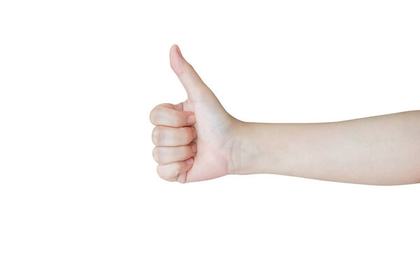 Woman hand gesture thumb up sign isolated on white background