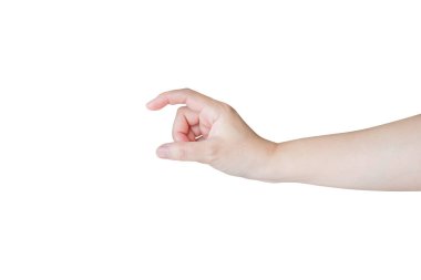 Beyaz arka planda izole edilmiş bir şey tutan kadın el hareketi