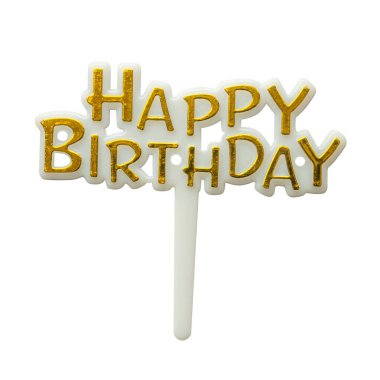 Beyaz arkaplanda izole edilmiş pasta süslemeleri için altın mutlu doğum günü afişi