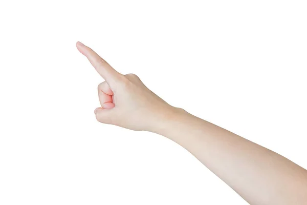 Vrouwelijke Hand Aanraken Wijst Naar Iets Geïsoleerd Witte Achtergrond — Stockfoto