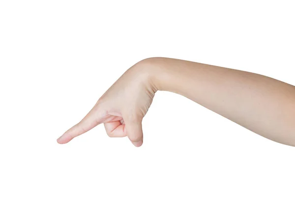 Kvinnlig Hand Röra Eller Peka Något Isolerat Vit Bakgrund — Stockfoto