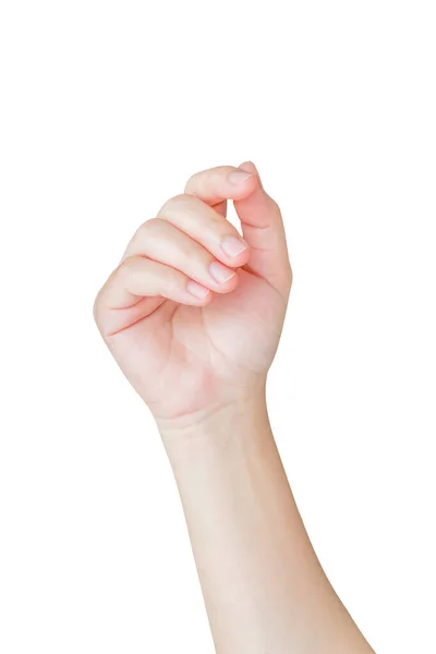Vrouw Hand Gebaar Houden Iets Geïsoleerd Witte Achtergrond — Stockfoto