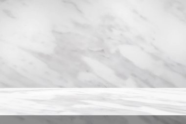 Mokup ürün görüntüleme şablonu için doğal duvar dokusu arka planına sahip beyaz mermer masa üstü