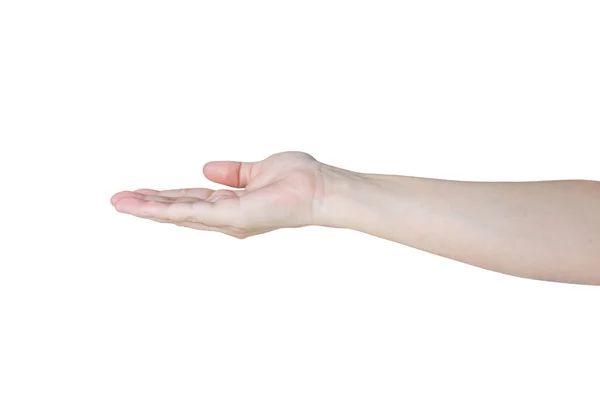 Kobieta Otwarta Ręka Gest Trzymając Coś Izolowane Białym Tle — Zdjęcie stockowe