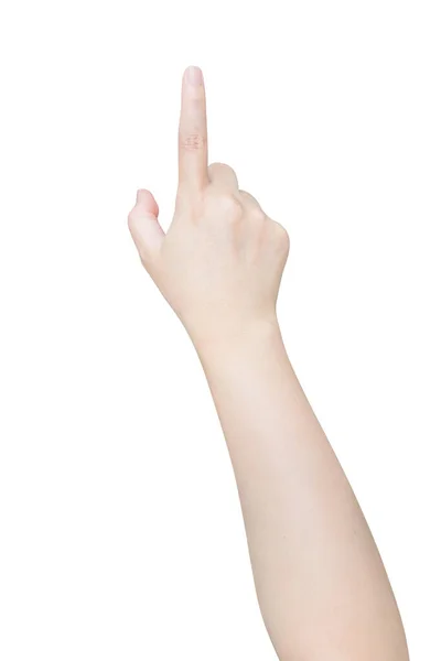 Weibliche Hand Die Etwas Isoliertes Auf Weißem Hintergrund Berührt Oder — Stockfoto