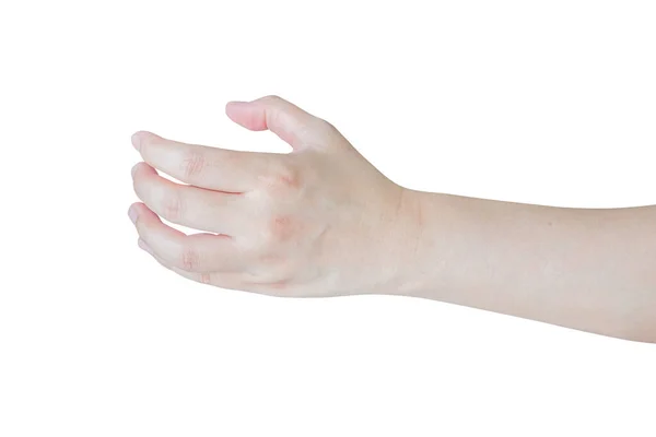 Mulher Gesto Mão Segurando Algo Como Garrafa Isolada Fundo Branco — Fotografia de Stock