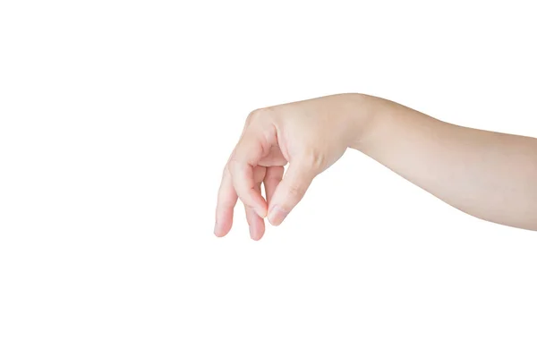 Vrouw Hand Gebaar Houden Iets Geïsoleerd Witte Achtergrond — Stockfoto